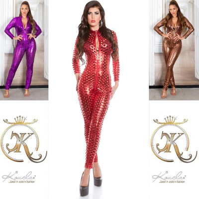 KouCla Red Laser Cut Metallic Catsuit Sexy Wet Look Jumpsuit Rave Clubwear Gogo