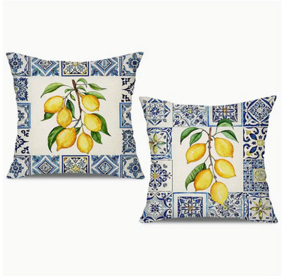 2pcs Boho Lemon Pillow Covers-Blue Ceramic Tile & Lemon-18x18in-High End
