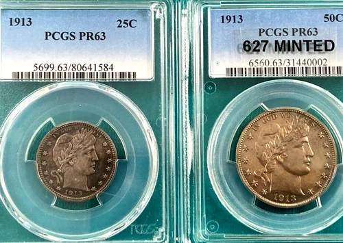1913 US 25C & 50C Proof Barber Pair PCGS PR63 - Matching Two Coins Set