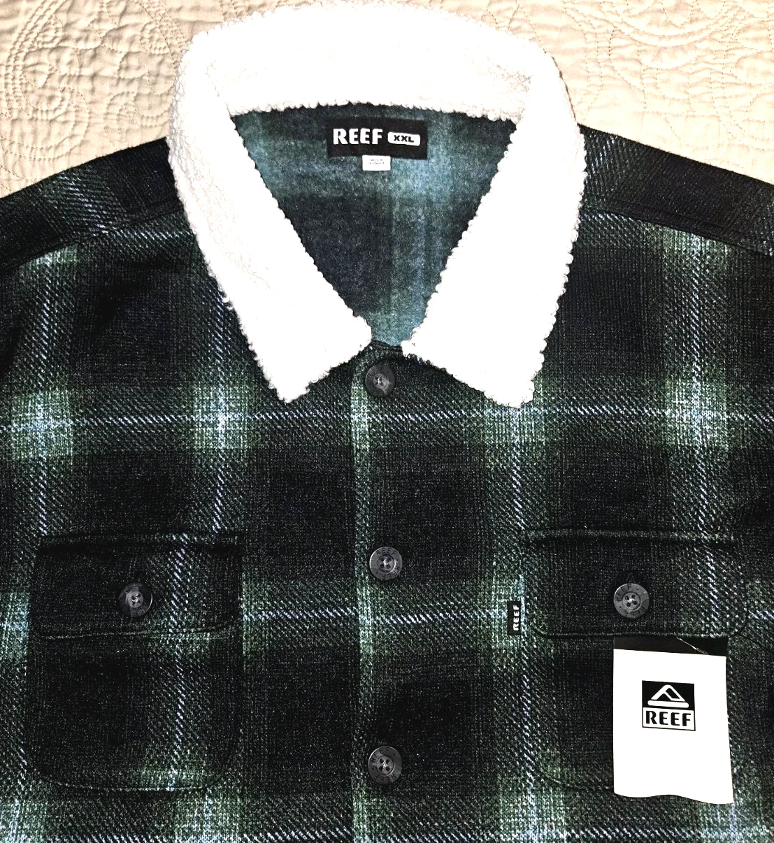 NEW by REEF, MENS SIZE XXL, KERNEY FLEECE BUTTON-UP🟢⚫PLAID SHACKET, MSRP $74.00