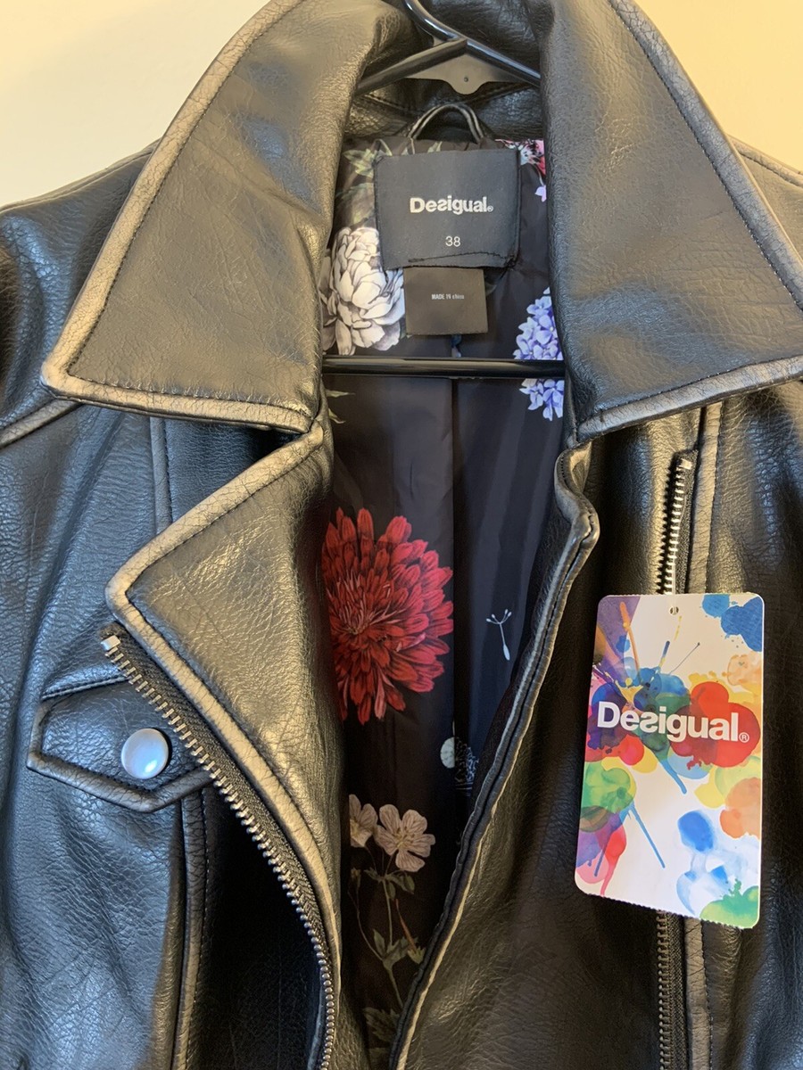 DESIGUAL Faux Leather Embroidered Moto Jacket SZ 38 | eBay