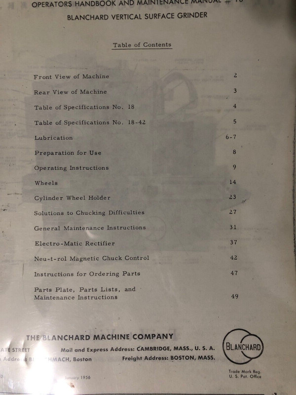 Blanchard #18 vertical grinder, operation and maintance manual, 1956