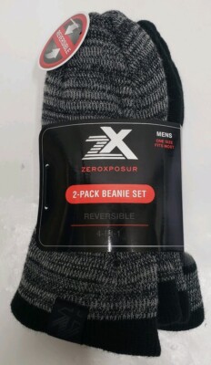 Zeroxposur Mens 2-Pack Beanie Set Reversible 4-in-1 Knit Black Gray One Size