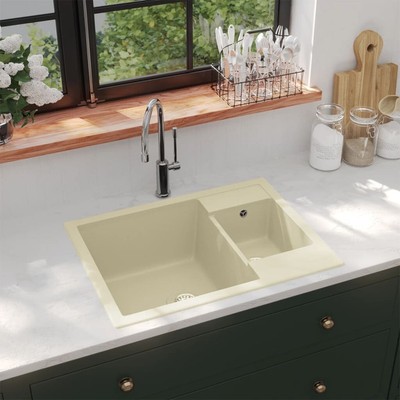 vidaXL Küchenspüle mit Überlaufloch Doppelbecken Beige Granit