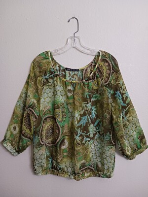 View by Walter 48'' Bust Womens Green Floral Sheer Peasant Babydoll Blouse