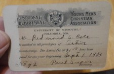 1903 YMCA University of Missouri Columbia student card - Redmond S Cole