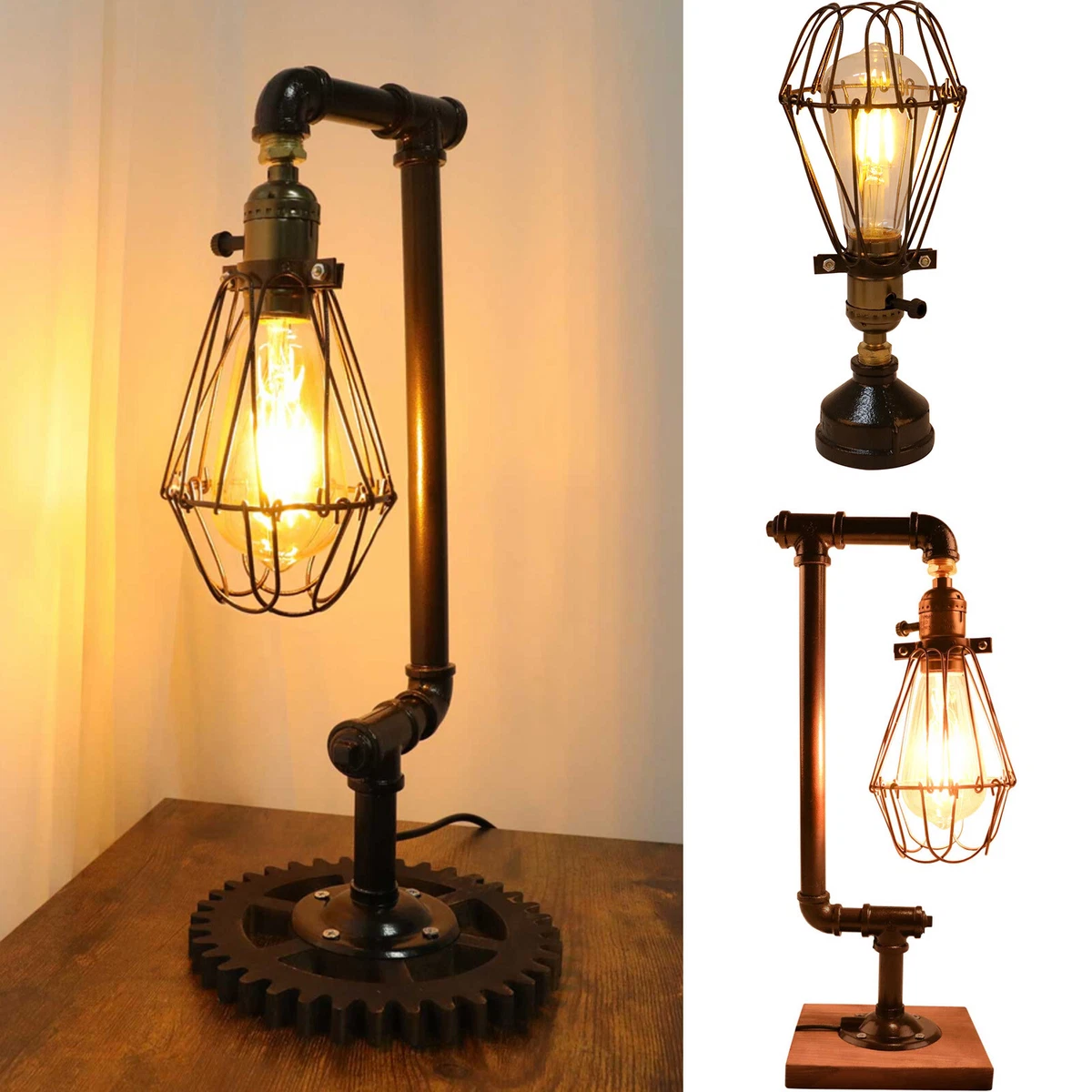 Steampunk Industrial Desk Table Lamp Pipe Light Retro Cage Fixture Bar Art Decor
