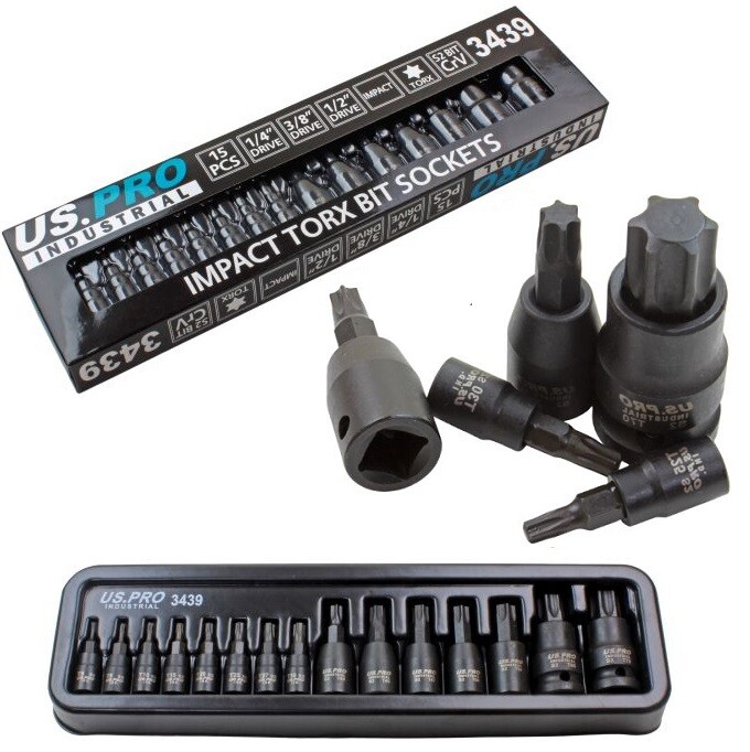 US PRO Impact Torx Bit Socket Set 15pc 1/4"" 3/8"" 1/2"" Sockets Set 3439 - Image 5