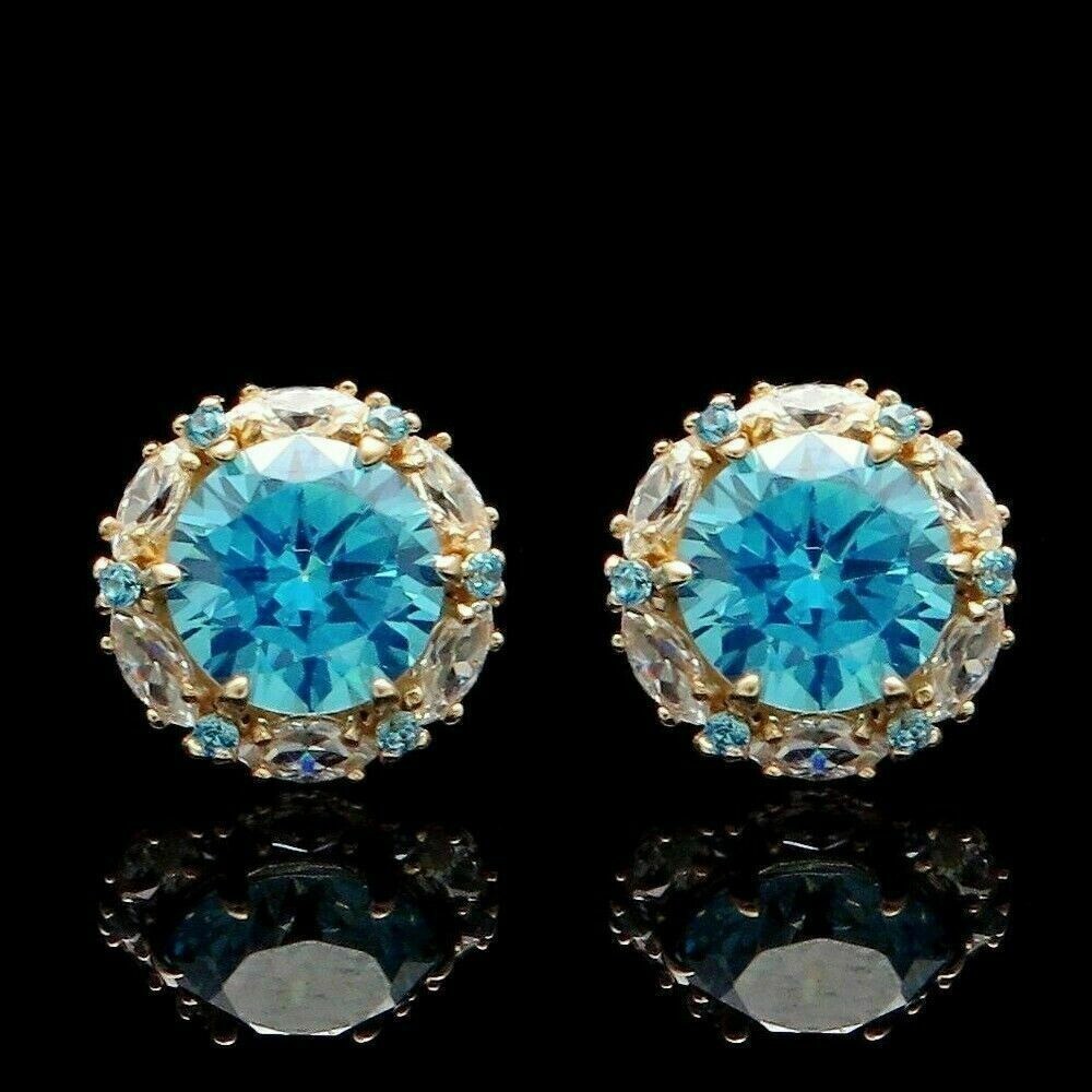 2CT Round Cut Blue Topaz Halo Marquise Diamond Stud Earrings 14k Yellow  Gold Fn - Main Image