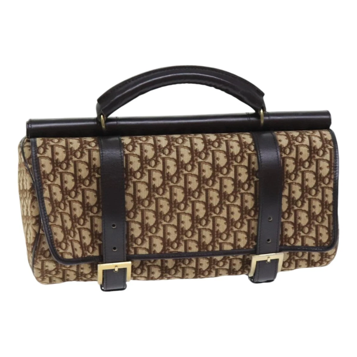 Sac à main Christian Dior trotteur toile beige marron foncé or authentique 91221