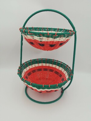 Two Tier Plastic Weave Watermelon Storage Basket w/Handle-Summer/Farmhouse/Fruit