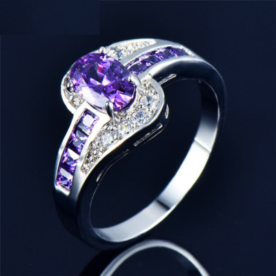 3ct Lab-Created Oval Amethyst Ring 14k White Gold Plated Classic Solitaire