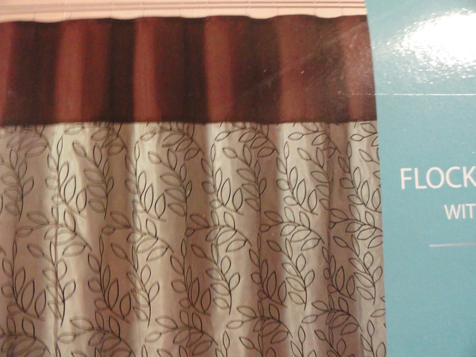 NWD 13 piezas CORTINA DE DUCHA de tela azul verdoso polvoriento hojas marrones flocadas -mancha- Foto 3 de 4