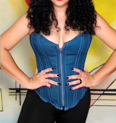 Denim Rigid zip up front lace up corset (bustier) size medium