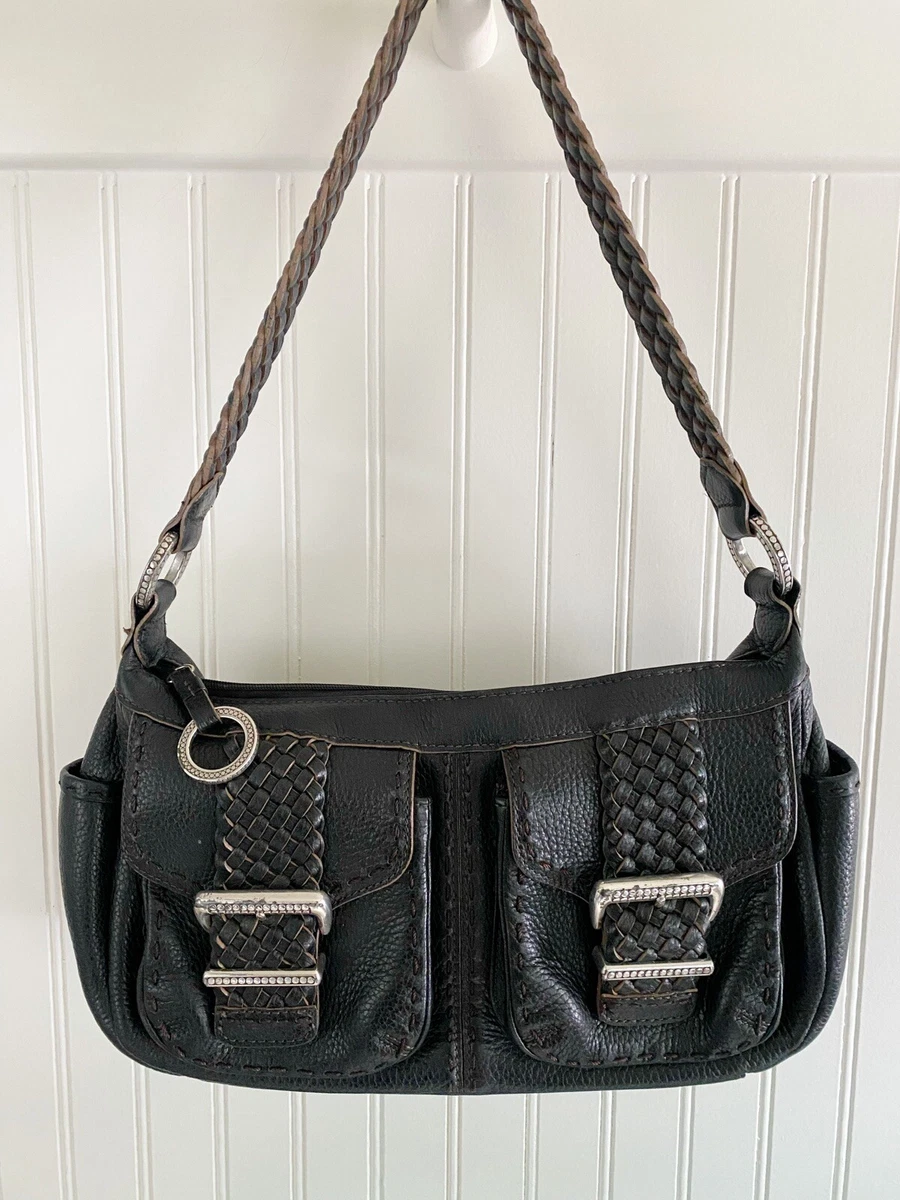 Brighton Designer Pebbled Leather Handbag Brown Stitch Silver