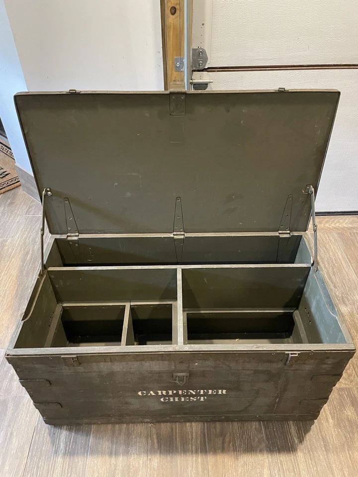 Antiguo cofre de carpintero de madera vintage con bandeja/caja de herramientas de almacenamiento baúl Foto 3 de 4