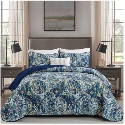 Elegant Gold and Navy Blue Boho Bedspread Set - Queen Size//