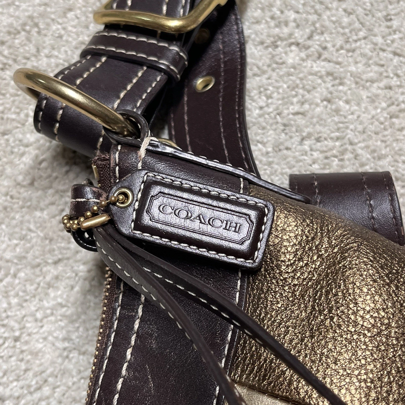 Borsa Coach vintage firmata patchwork pelle oro marrone scamosciata tracolla