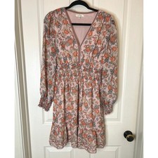 Max Studio Peach Floral Smocked Waist V-Neck Ruffle Mini Dress 9911Y63 Womens M