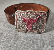 ENMON Kid Buckle And Leather Belt Western Rhinestone Texas Longhorn 2005 Sz 34"
