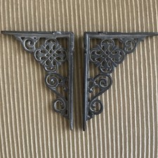 Vintage Ornate Cast Iron Shelf Brackets Black Salvage Decorative Hardware Pair