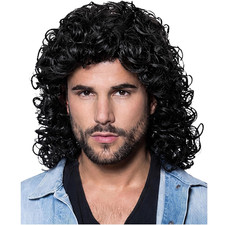 Men's Black Curly Wig Wet Look Afro Punk Rocker 70s 80s Wig