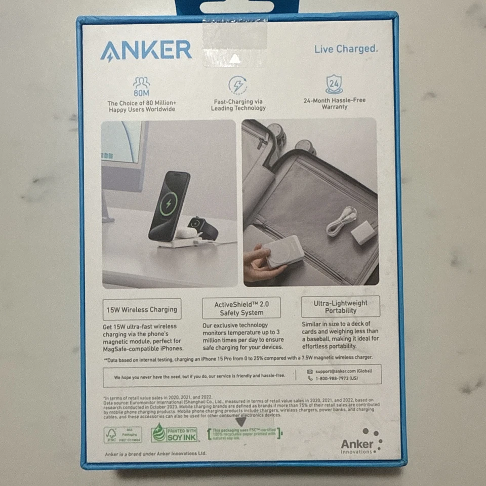 Anker 15W Max Pocket Sized 3 In 1 Charger Wireless Charging USB C iPhone Apple - Image 2 of 2