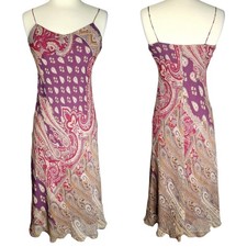 Vintage Y2K 100 Silk Paisley Midi Dress Sz Small Pink Purple Spaghetti Strap