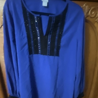 Chico's Blue Black Beaded V-Neck Pullover Tunic Blouse Long Sleeve Size 3