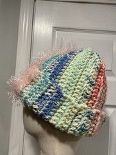 Handmade Crochet Chunky Ribbed Upcycled Multi Fiber Scrappy Yarn Beanie Hat