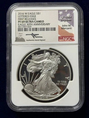 2016-W American Silver Eagle FR Lettered Edge NGC PF69 Mercanti Signed Label