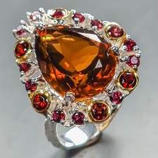 Handmade 12 ct Natural Cognac Quartz Ring 925 Sterling Silver Size 8 /R443082
