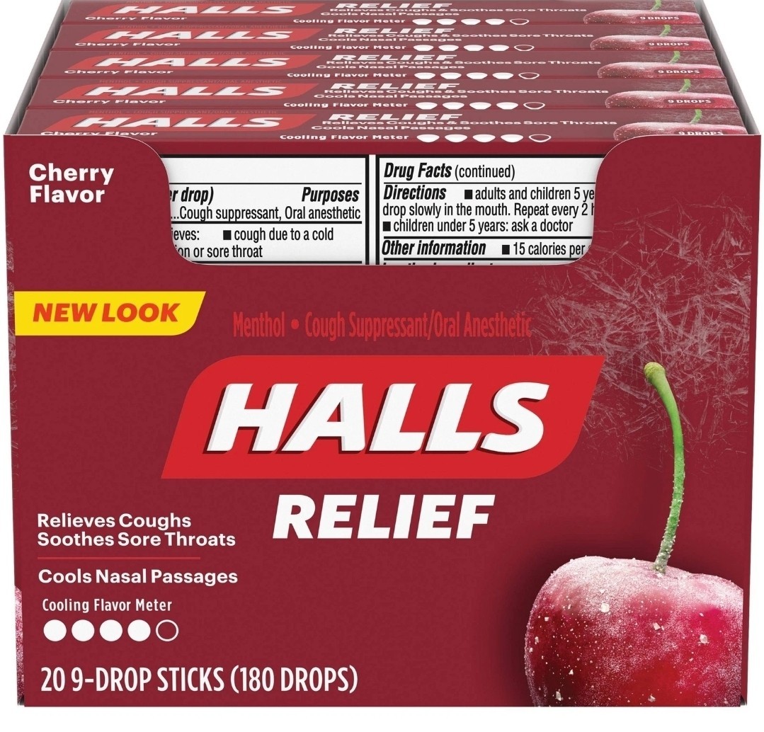 Halls Cherry Cough Drops - with Menthol - 180 Drops (20 sticks of 9 drops)
