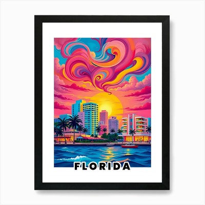Florida Vibrant Vintage Travel Post Framed Wall Art Poster Canvas Print Picture