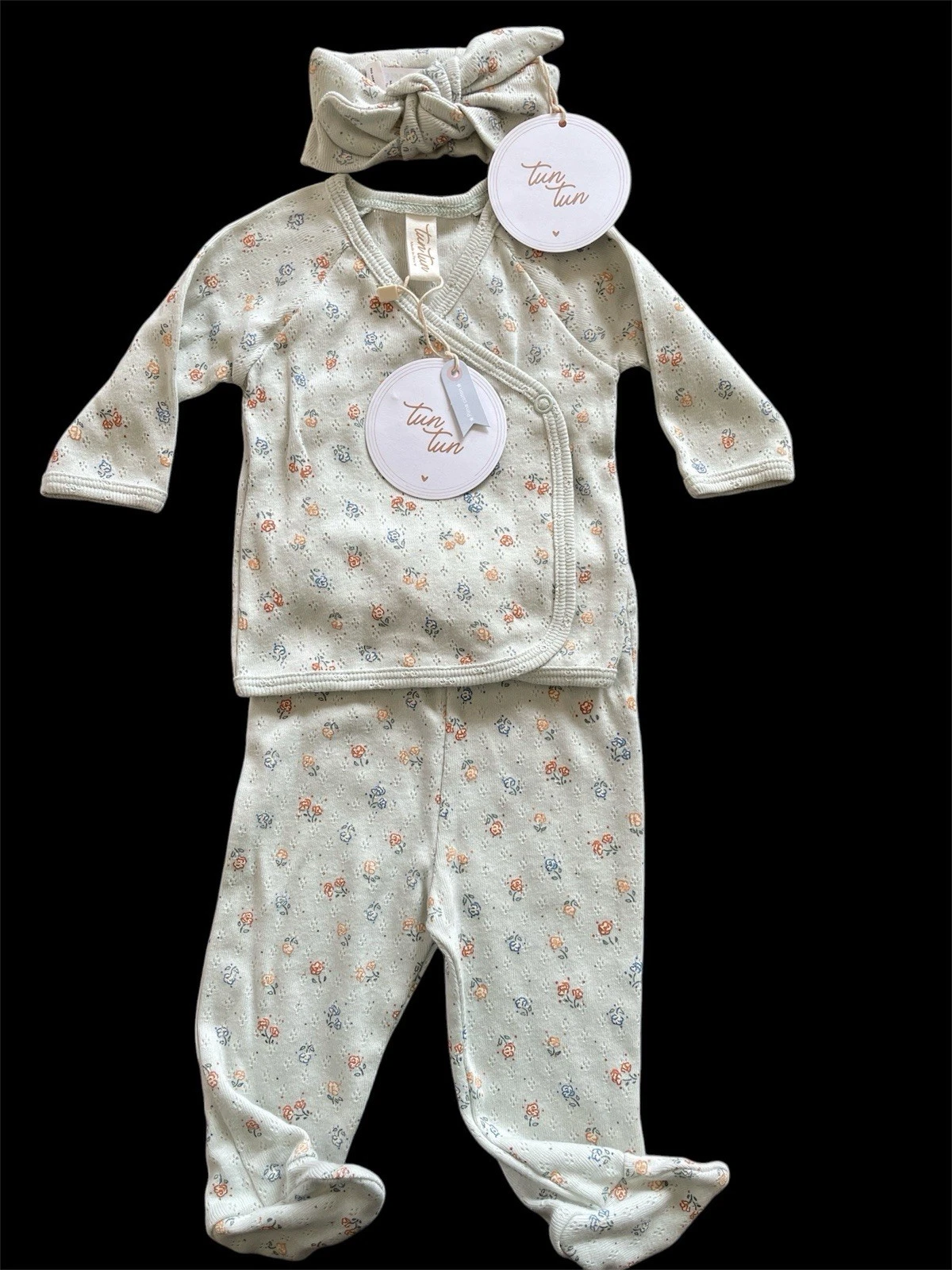 Tun Tun (Peru) NWT Floral Print Pointelle Knit Top, Footie & Headband-0-3Mos