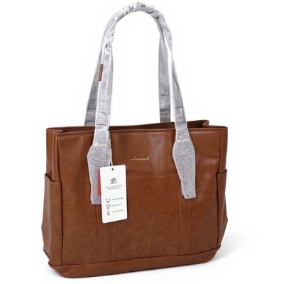 LOVEVOOK Tote Bag Brown Faux Leather Laptop Bag Multiple Pockets Gold Hardware
