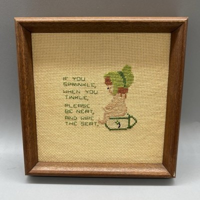 Vintage Framed Cross Stitch Bathroom Girl Art Handmade Sprinkle When You Tinkle