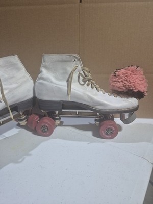 Vintage  Hyde White Roller Skates Leather Cottrell Wheels With Pom Pom & Bell