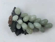 Vintage MCM Natural Stone Grape Cluster Carved Leaves Green Jade Color Hong Kong