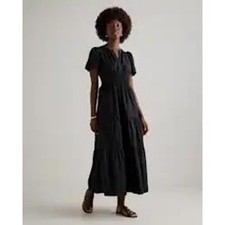 Quince Organic Cotton Tiered Maxi Dress Black Short Sleeve Smocked Waist S