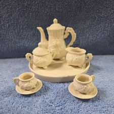 Miniature Tea Set 10 piece white rose and diamond porcelain 4" teapot bisque