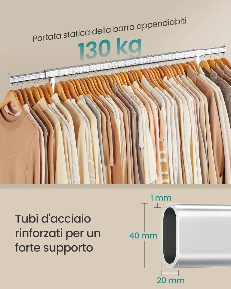 Stand Appendiabiti Con Rotelle, Portabiti per Carico Pesante, Barra Estensibile, - Immagine 3 di 4