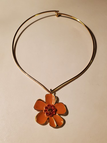 Orange Enamel Flower Pendant Necklace Gold Tone Statement Mod Retro Floral