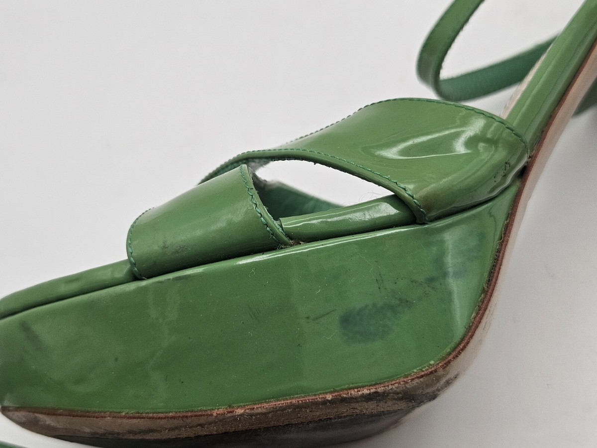 MIU MIU green enamel patent platform pumps ultra high heels