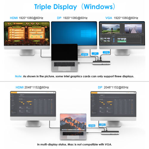 12 Ports USB C Docking Station Triple Display Type-C Adapter 100W PD3.0 Charging - Picture 3 of 8
