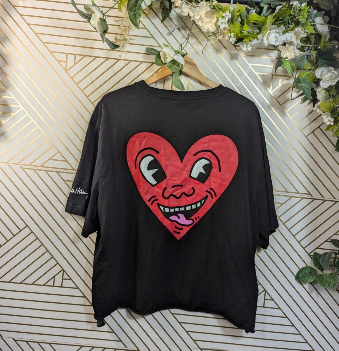 H&M x Keith Haring Heart Face Relaxed Fit Black T-Shirt Cropped