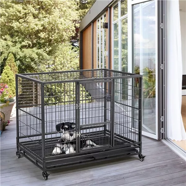 43u0026#034; Large Metal Dog Crate Folding Kennel Heavy Duty Cage w/ Wheels  u0026amp; Tray Black | eBay
