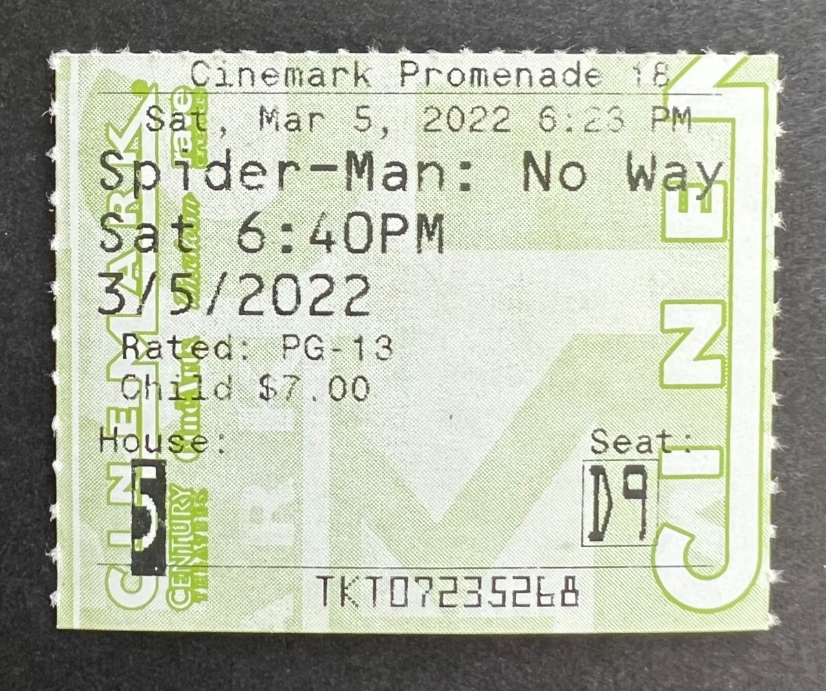 2022 Spider-Man: No Way Home Movie Ticket Stub 3/5/22 Howard