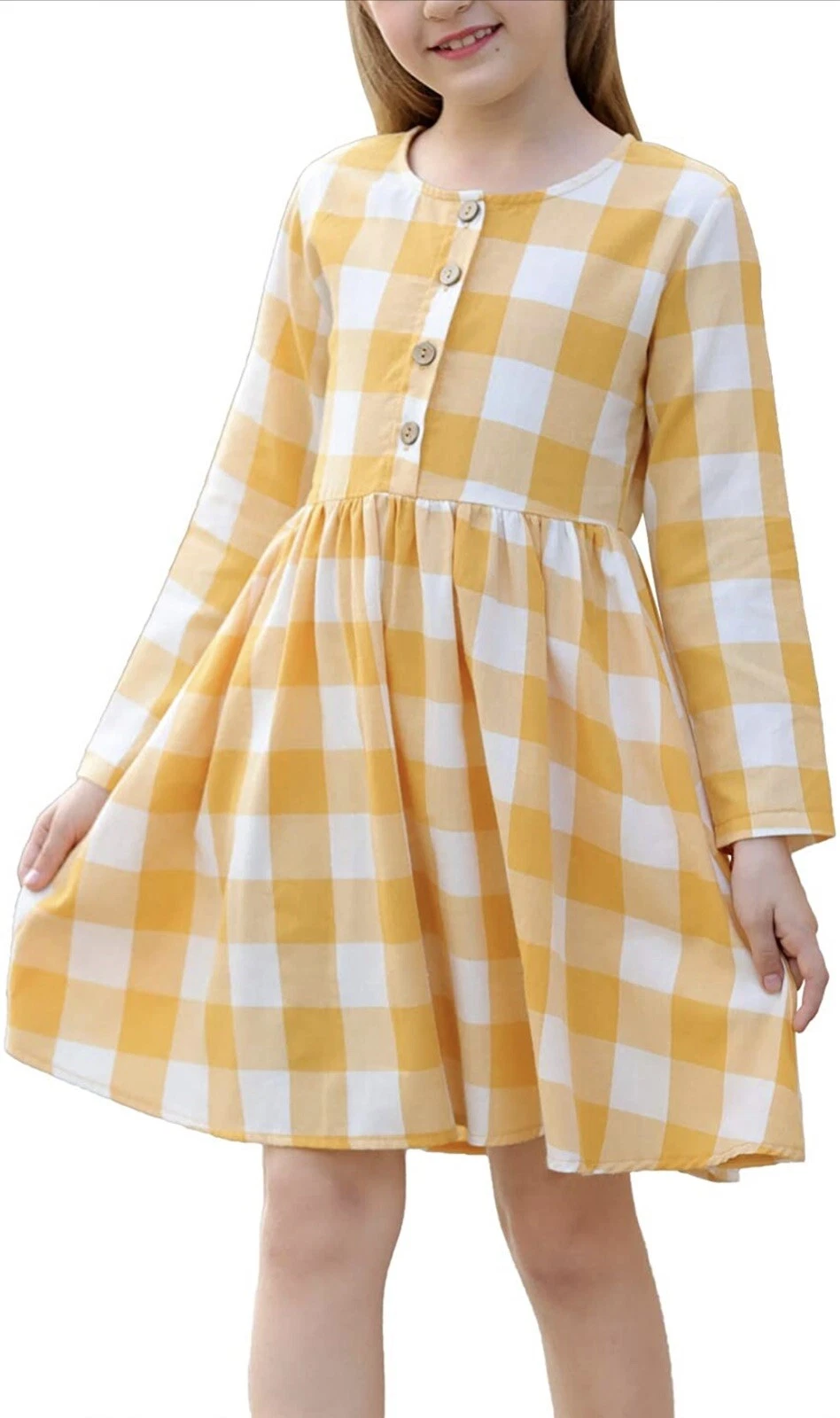 GORLYA Girls Sz 12 Plaid Long Sleeve Button Up Pleated Waist Linen Midi Dress