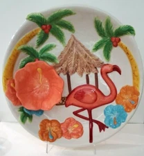Large Kohl's Summer Living Ceramic Pink Flamingo Serving Plate Chip & Dip